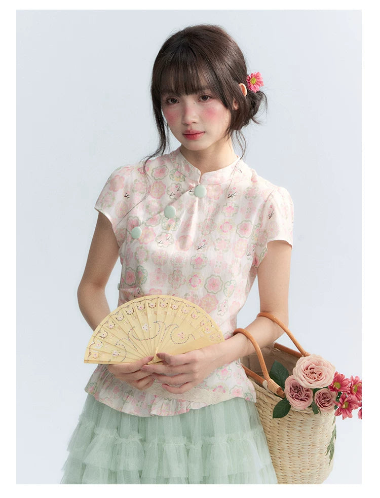 "Lime Mille-Feuille Glow" Peach Mist Chinese-Inspired Short Sleeve Top & Lime Green Tulle Tiered Skirt Set