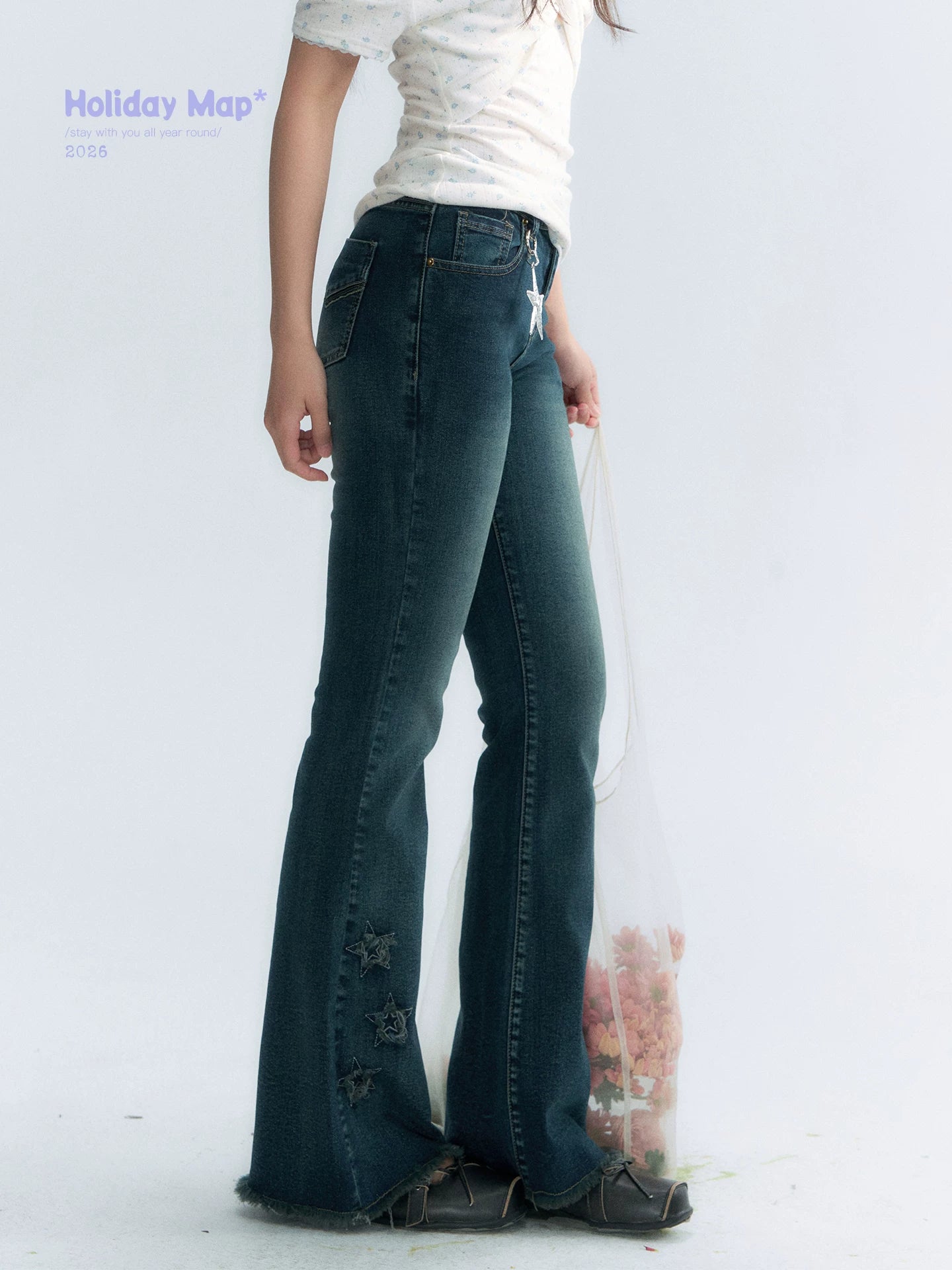 "Vintage Stardust" Star Embroidered Flared Jeans