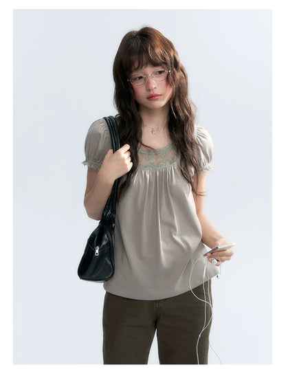 "Vintage Cream" Milk Gray Lace Trim Puff Sleeve T-Shirt