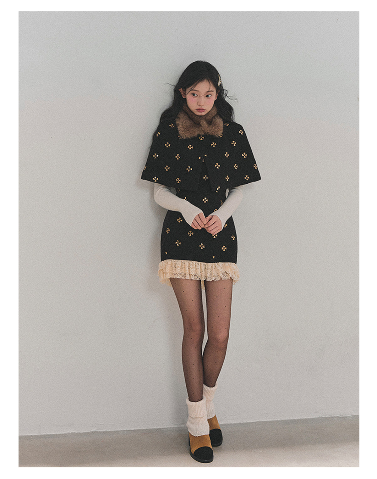 少也眼 “Snowy Night Waltz” French-Style Wool Dress with Detachable Fur Cape