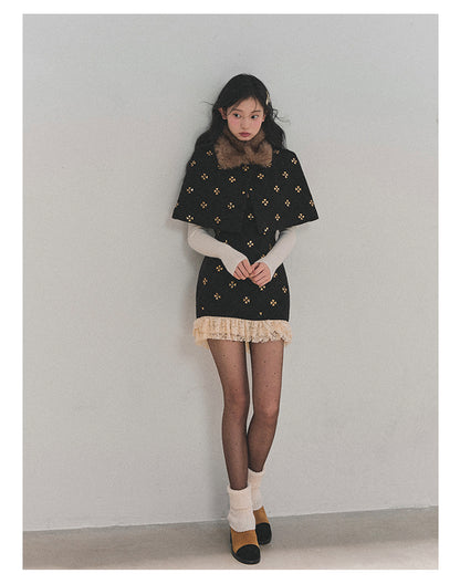 少也眼 “Snowy Night Waltz” French-Style Wool Dress with Detachable Fur Cape