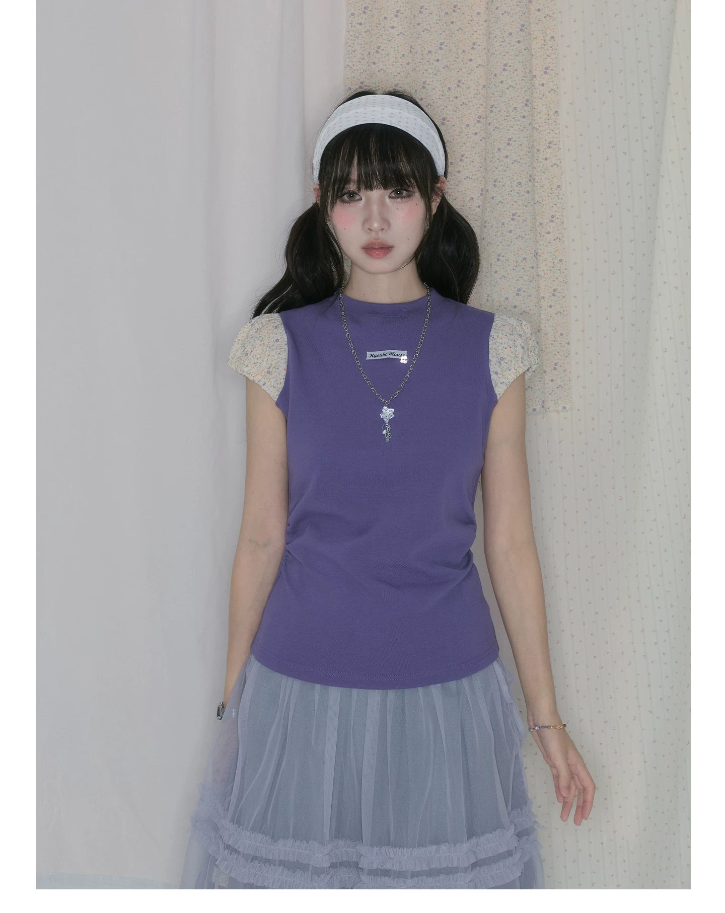 "Lavender Layers" Korean Layered Collection (Puff Sleeve Top / Pleated Midi Skirt / Mesh Overlay Skirt)