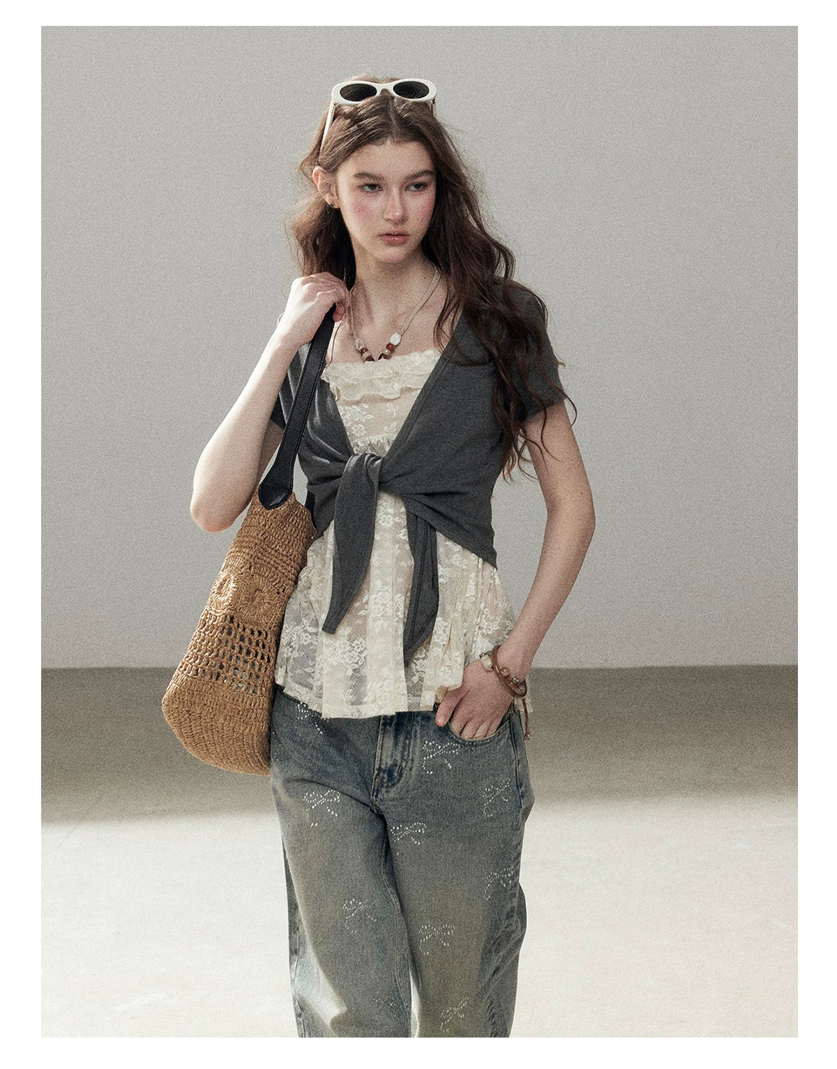 "Beyond the Morning Mist" Dutch Cream Lace Cami & Silver Mouse Gray Sheer Cardigan Set