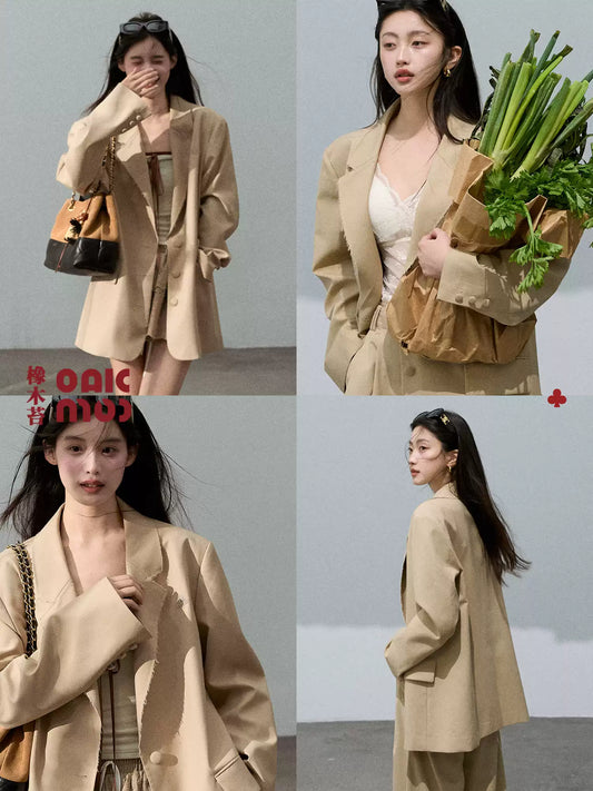 OAKMOO - Wide-Shoulder Structured Blazer – Pale Oak Khaki 25Q362