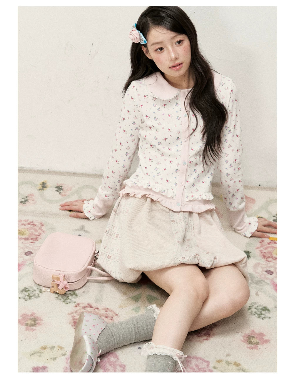 [RF] Waffle Texture Peter Pan Collar Floral Cardigan in Soft Pink