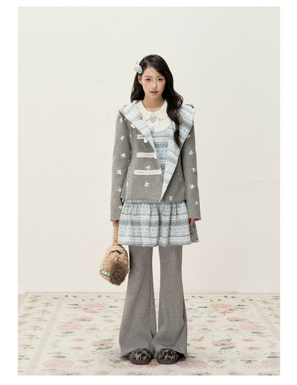 [RF] Heather Gray Vintage Jacquard Hooded Jacket with Frost Mist Blue Details