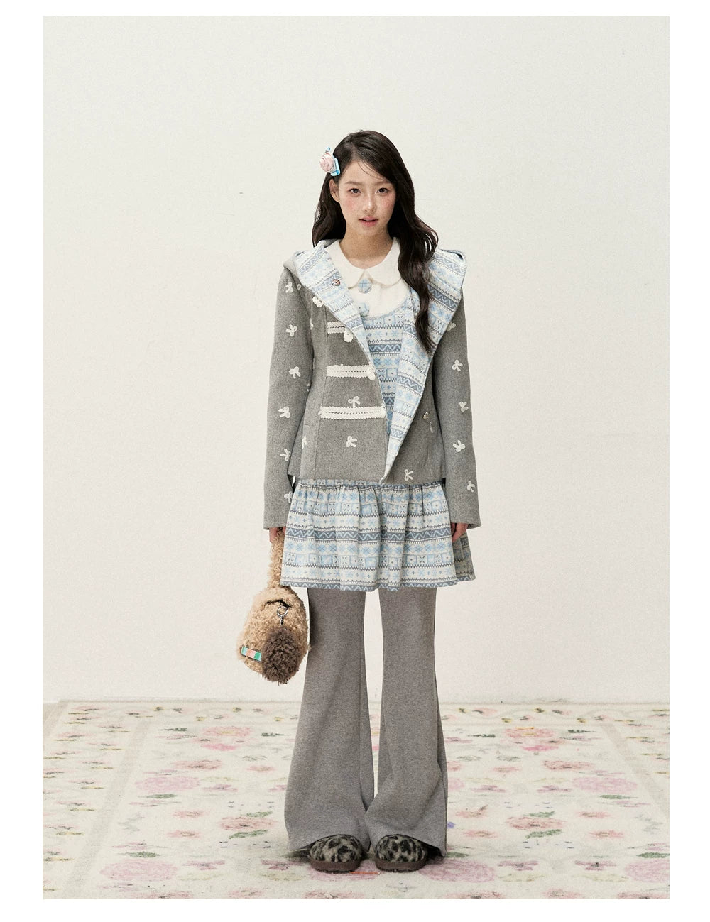 [RF] Heather Gray Vintage Jacquard Hooded Jacket with Frost Mist Blue Details