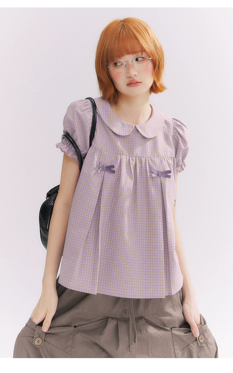 “Taro Milk Candy” Purple Plaid Bow Peter Pan Collar Puff Sleeve Blouse