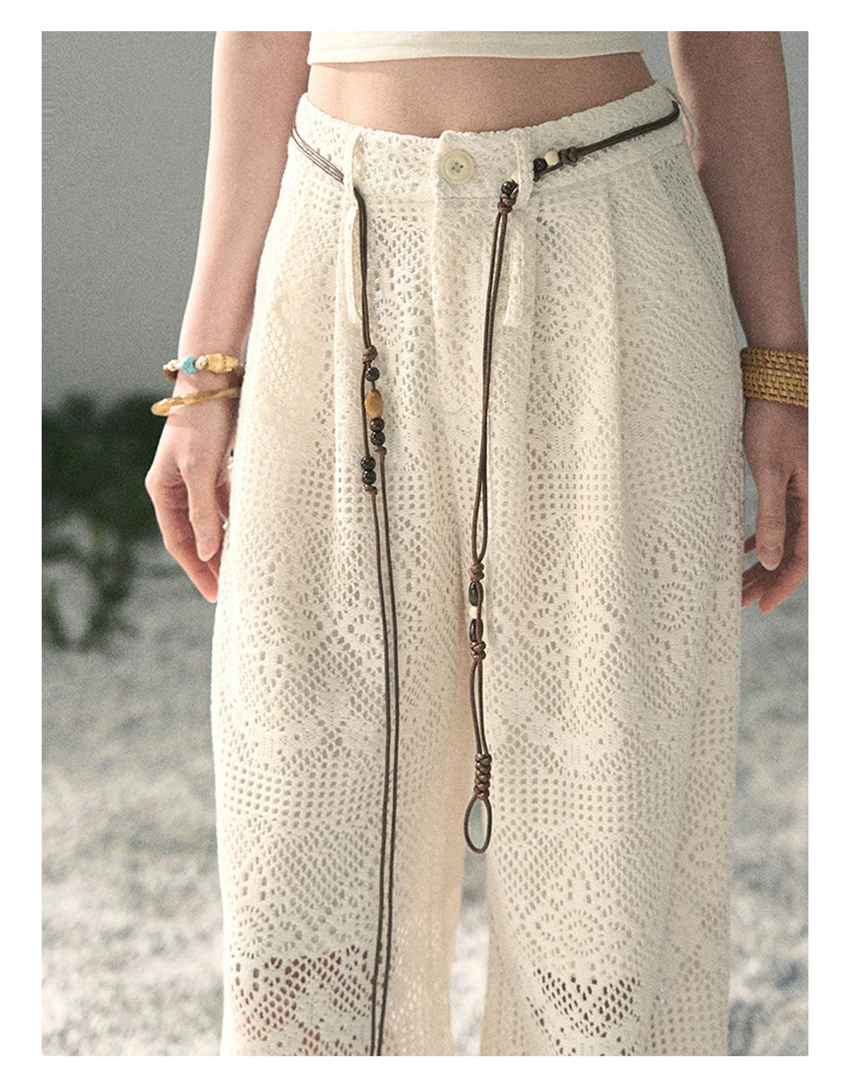 “Wandering Here” Milk Apricot Openwork Wide-Leg Pants