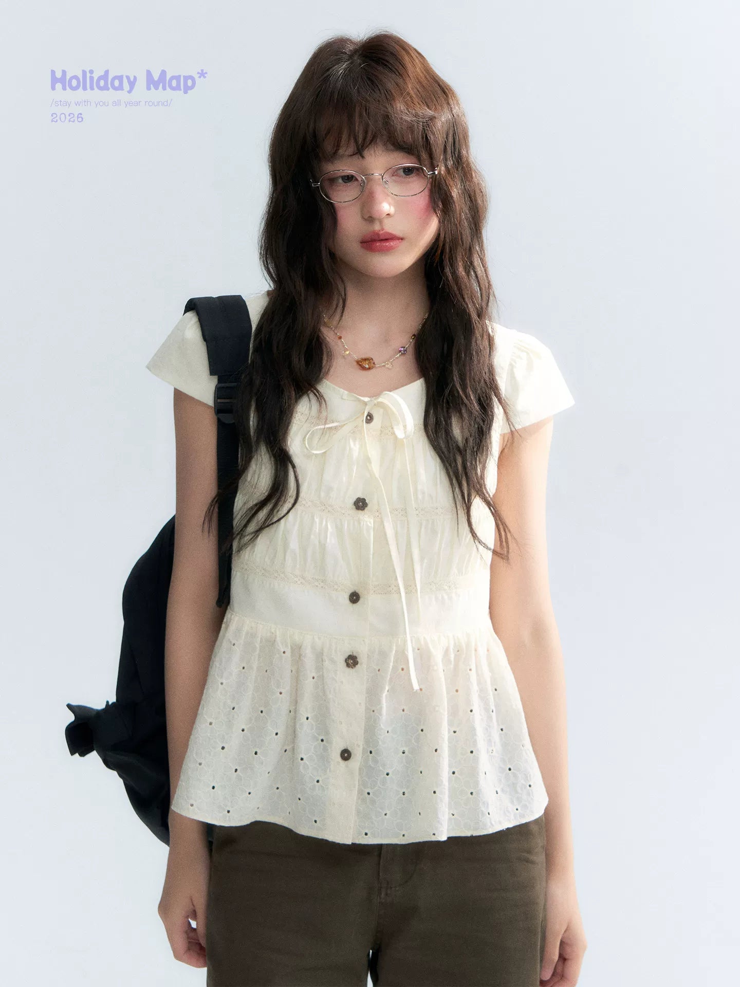 "Vintage Ribbon" Beige Bow Tie Lace Trim Blouse