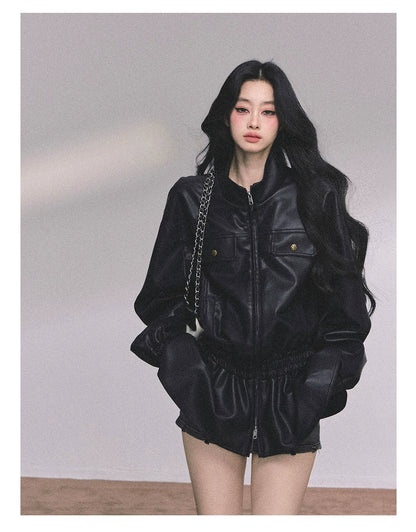 AOMALM - Burgundy PU Suede Jacket & A-Line Shorts Set