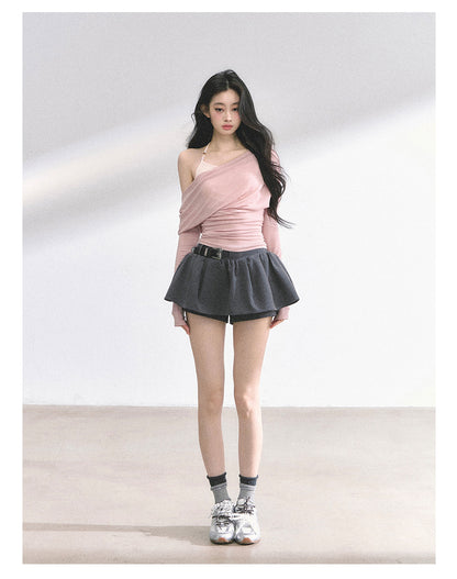 少也眼 "Soft Whisper" Korean Asymmetric Dual-Layer Off-Shoulder Top - Pink