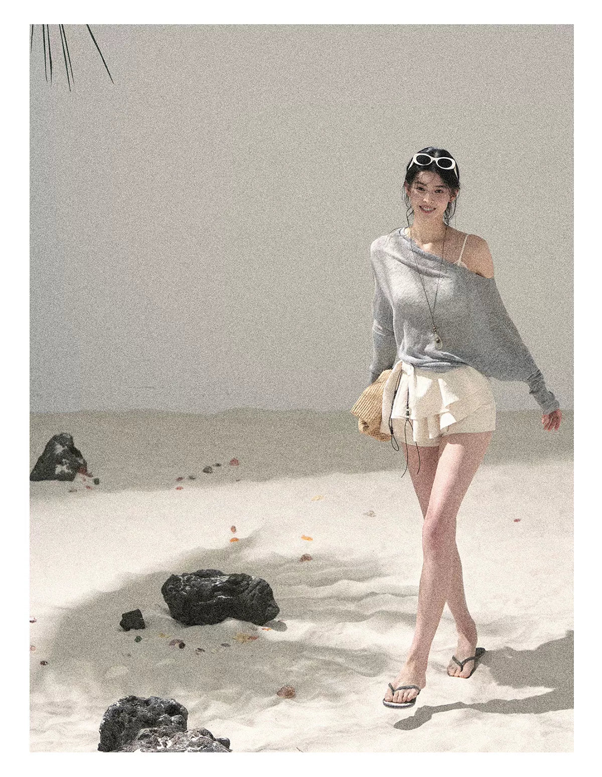 "Misty Veil Whisper" Cloud Trail Gray Off-Shoulder Sheer Sun Protection Top 5345634