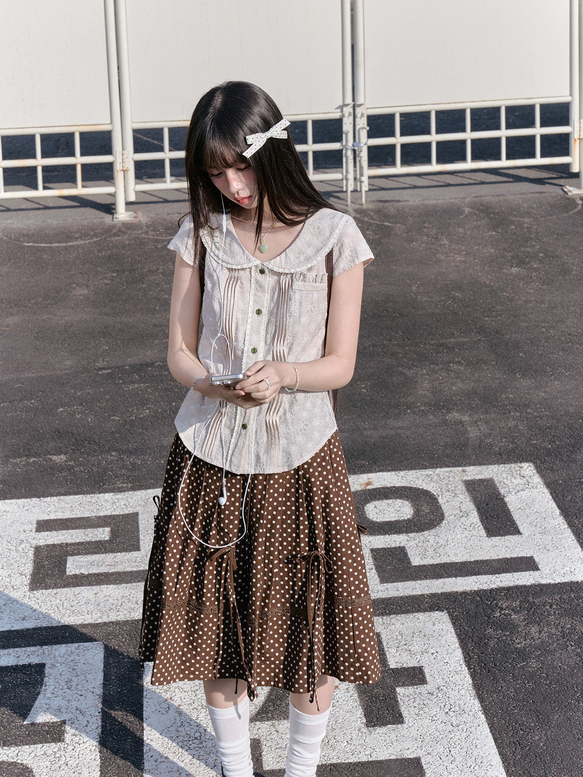 "Blooming Branches" Daisy Textured Blouse & Brown Polka Dot Pleated Skirt