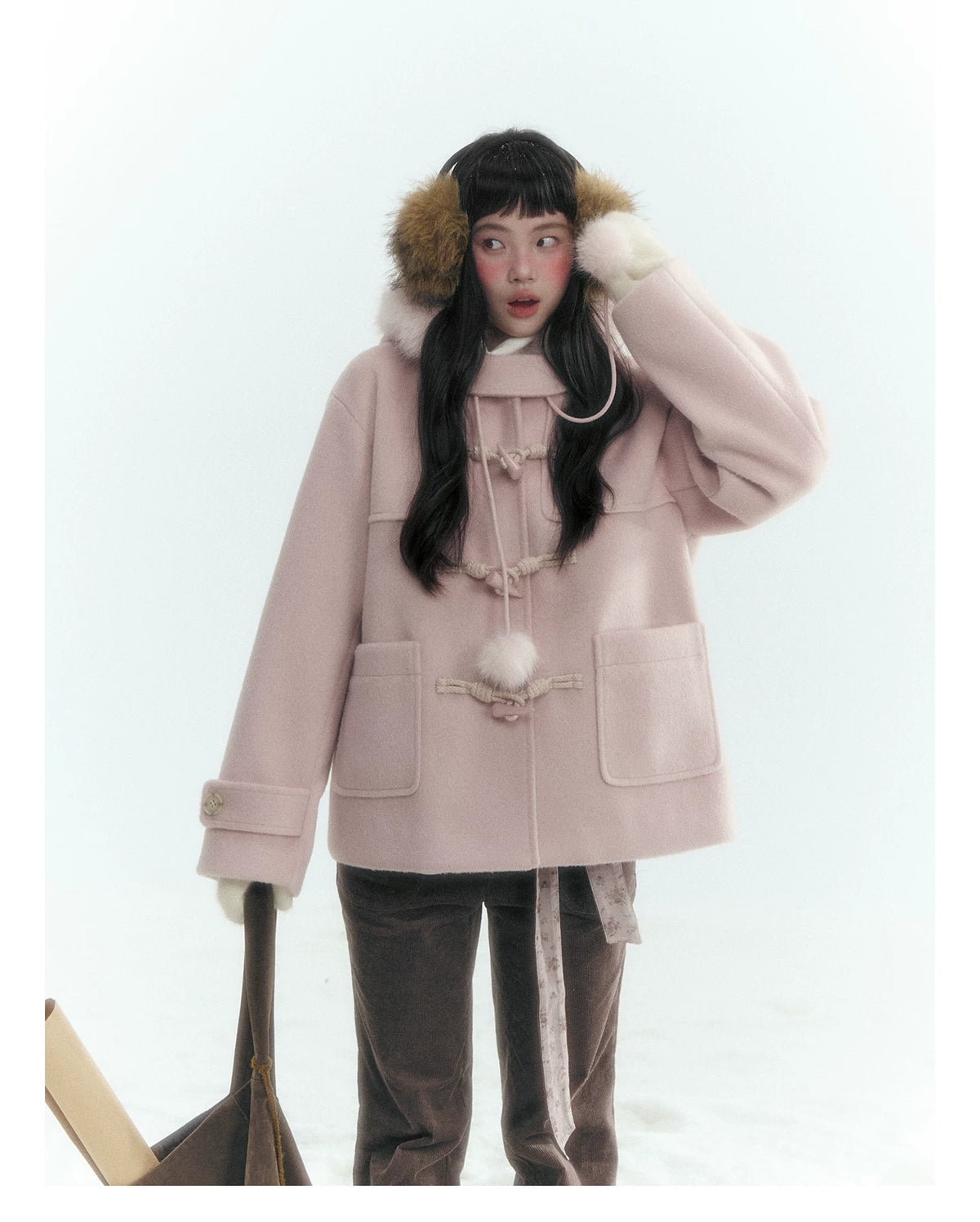 Horridale - Preppy Hooded Wool-Blend Duffle Coat with Pom-Pom Details – Mist Pink