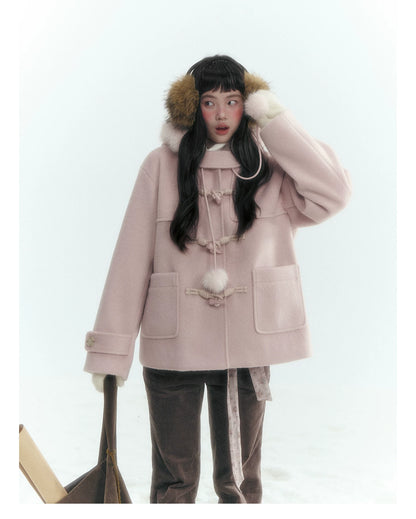 Horridale - Preppy Hooded Wool-Blend Duffle Coat with Pom-Pom Details – Mist Pink