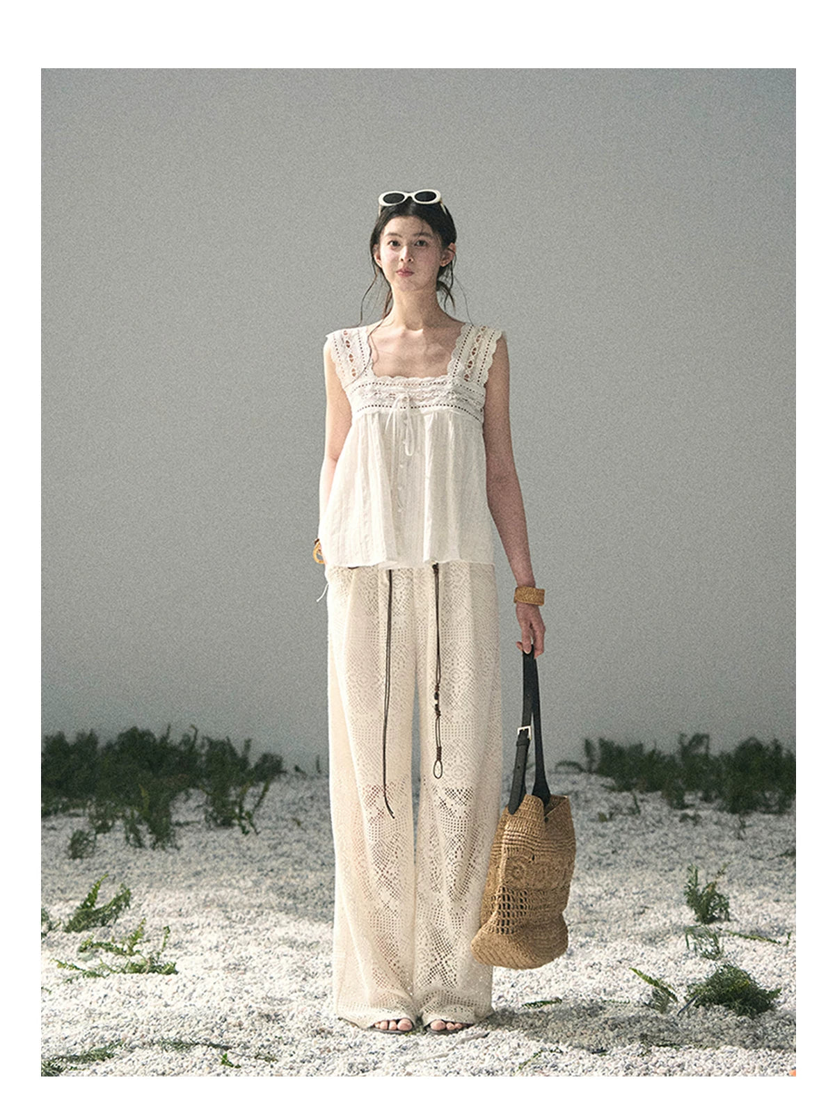 “Wandering Here” Milk Apricot Openwork Wide-Leg Pants