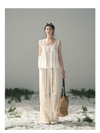 “Wandering Here” Milk Apricot Openwork Wide-Leg Pants