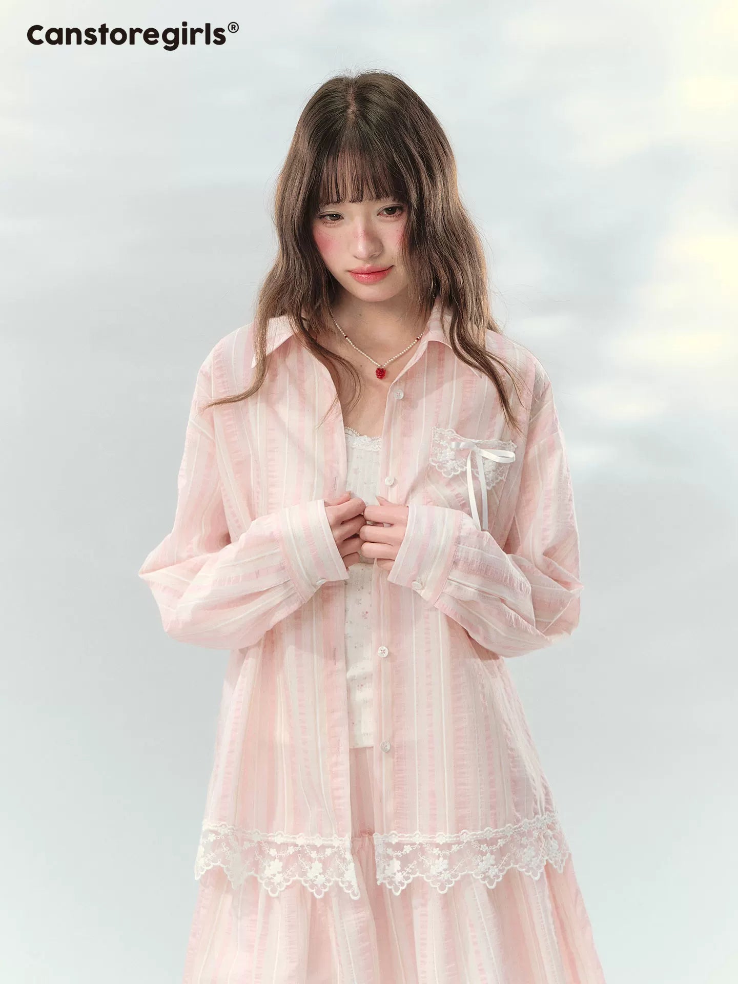 “Pink Mist Love Letter” Pink Stripe Lace Skirt Set LL2026161