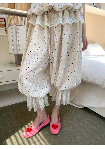 [RF] “Milk Cloud” Ivory Rainbow Polka Dot Bloom Pants Set