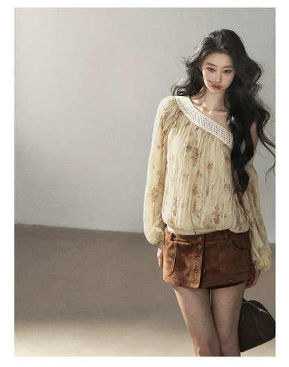 AOMALM - "Laurel's Sigh" Amber Yellow French-Inspired Asymmetrical Shoulder Floral Chiffon Blouse