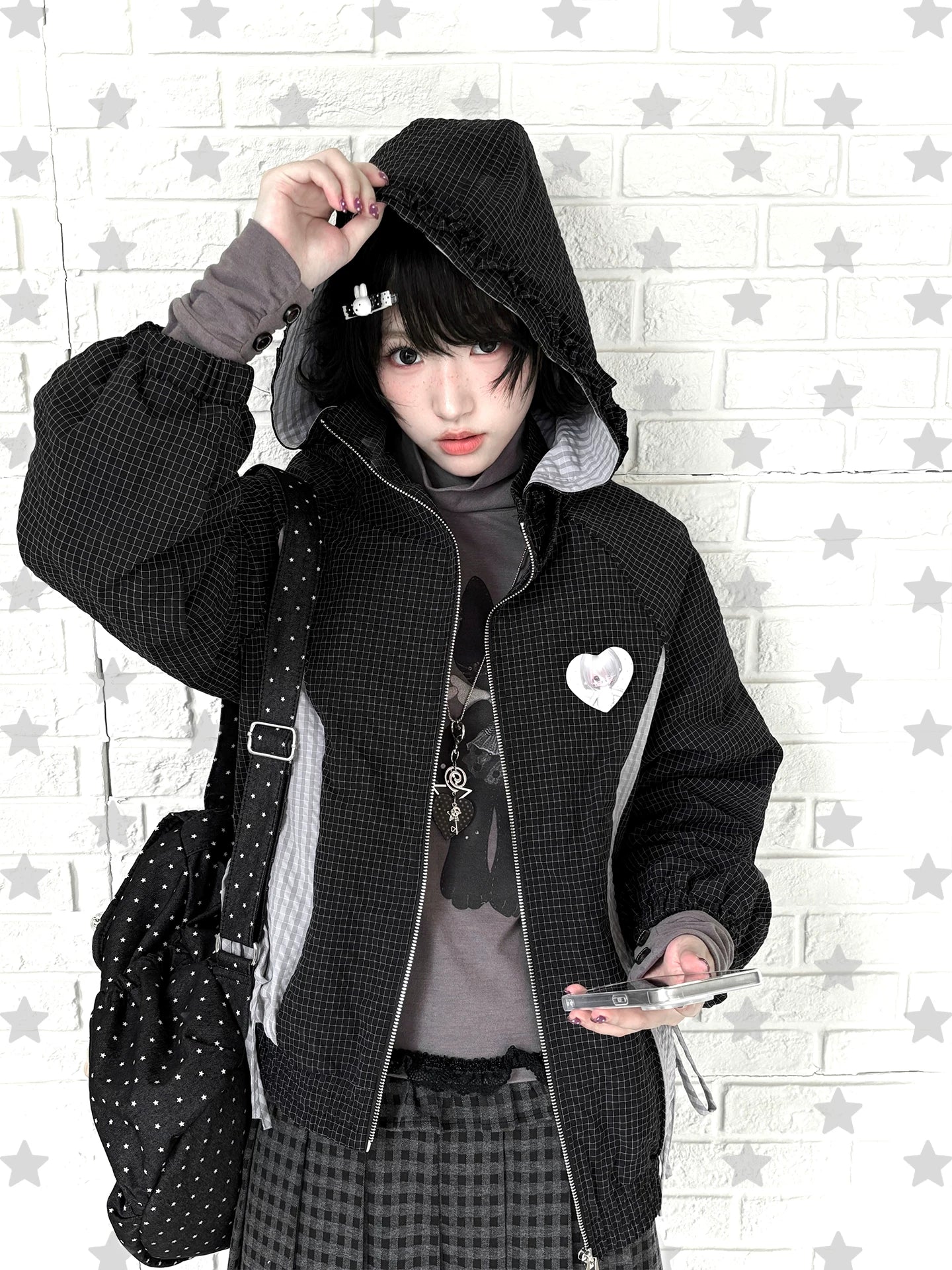 "Cold Air" Black Padded Jacket / Base Layer Top / Polka Dots Skirt / Sweatpants Set