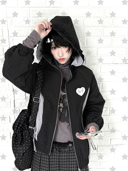 "Cold Air" Black Padded Jacket / Base Layer Top / Polka Dots Skirt / Sweatpants Set