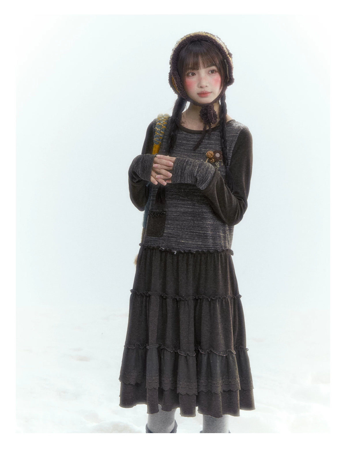 Horridale - Vintage Lace-Trim Long Sleeve Knit Dress – Brown