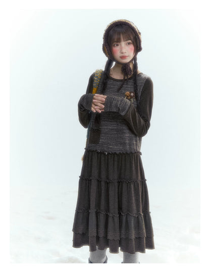 Horridale - Vintage Lace-Trim Long Sleeve Knit Dress – Brown