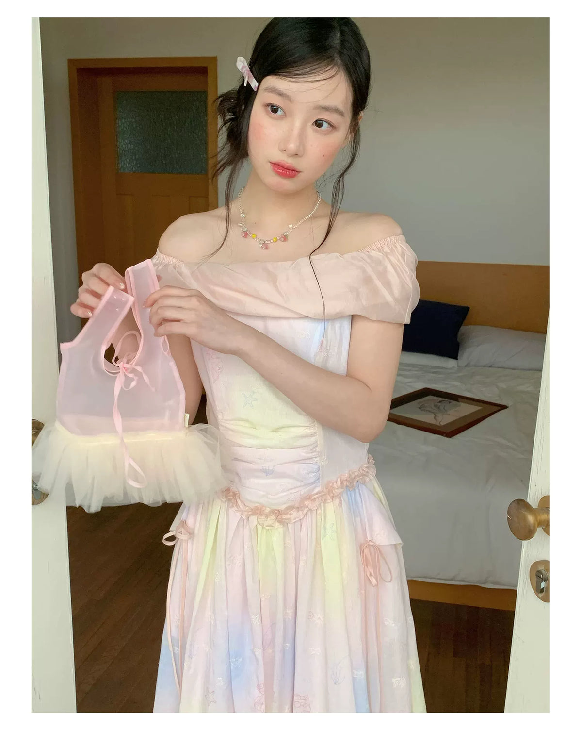 [RF] “Dreamlight Reverie” Pink Gradient Embroidered Off-Shoulder Maxi Dress