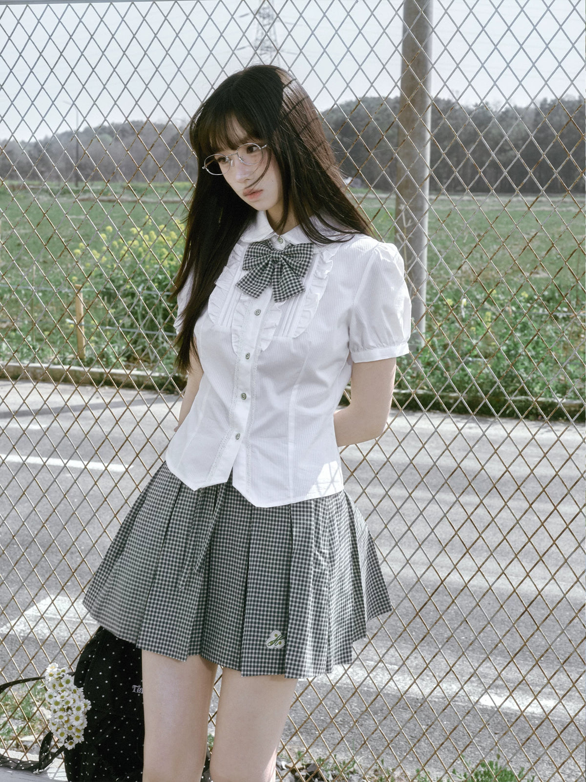 “Spring Day” White & Green School Blouse & Plaid Skirt Set
