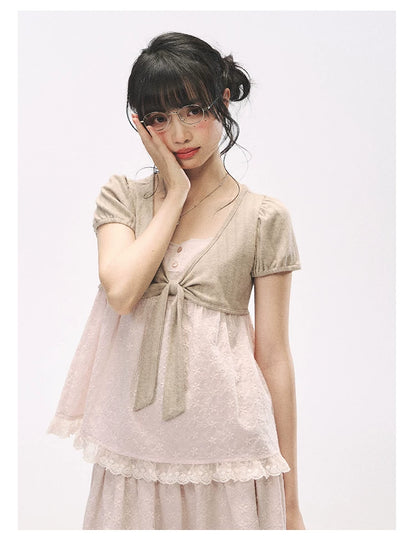 "Sweetheart Pages" Blush Pink Bow Puff Sleeve Top & A-Line Skirt Set