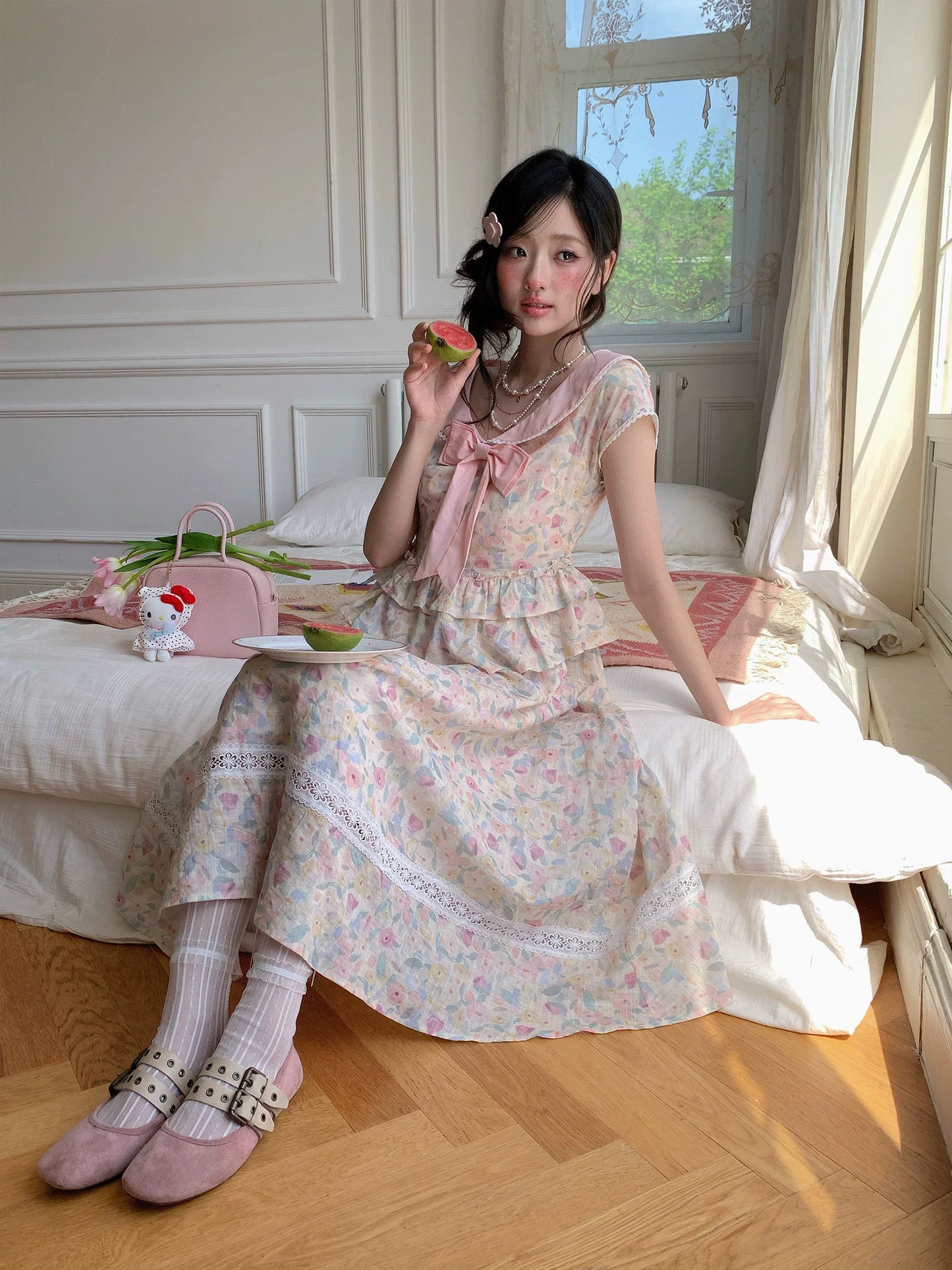 “Peach Blossom Ballad” Pink Floral Lace Maxi Dress