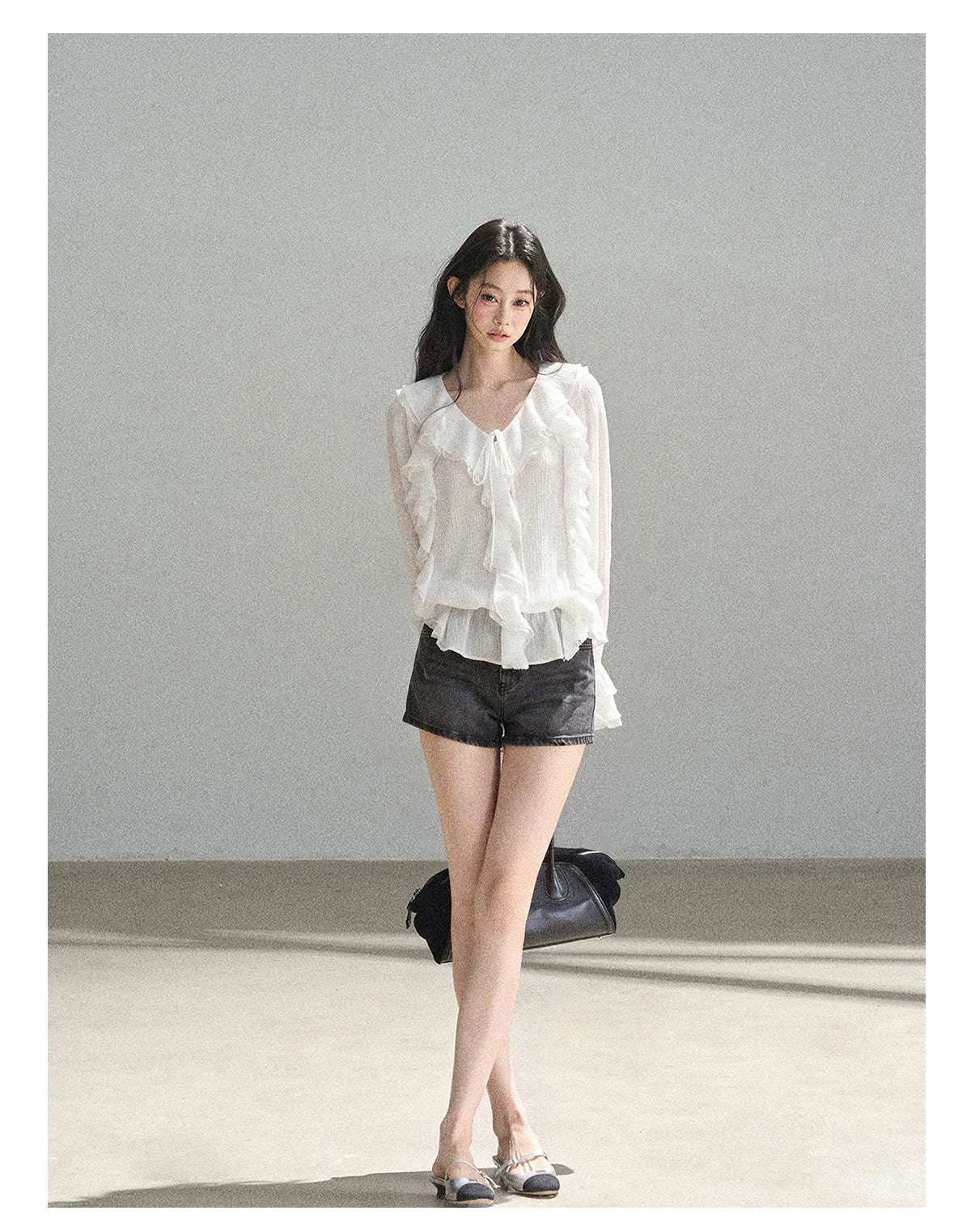 AOMALM - "A Featherlight Touch" French Camellia White Lace Chiffon Top with Belt (Camellia / Oatmeal / Cinnamon Pink)