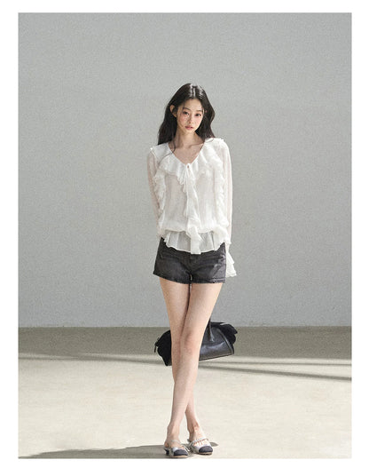 AOMALM - "A Featherlight Touch" French Camellia White Lace Chiffon Top with Belt (Camellia / Oatmeal / Cinnamon Pink)