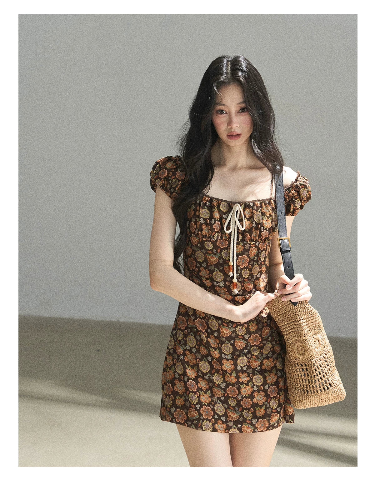 "Wildflowers & Freedom" Mocha Mousse Floral Puff Sleeve Mini Dress