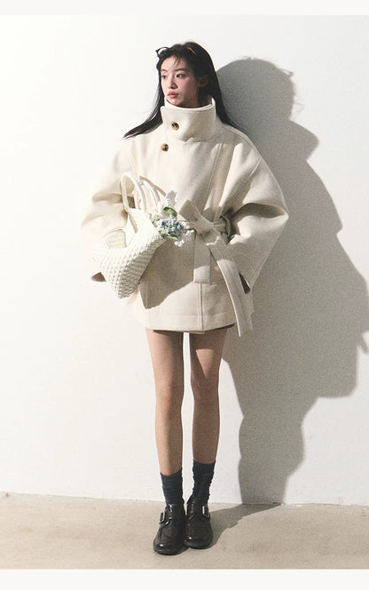 OAKMOO/ "A Touch of Soft Clouds" Fragrant White Wool-Blend Belted Short Coat