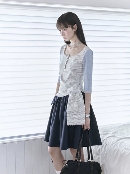 "Blooming Ribbon" Layered Set (Ivory Asymmetric Long-Sleeve Top / Navy Box-Pleated Skirt)