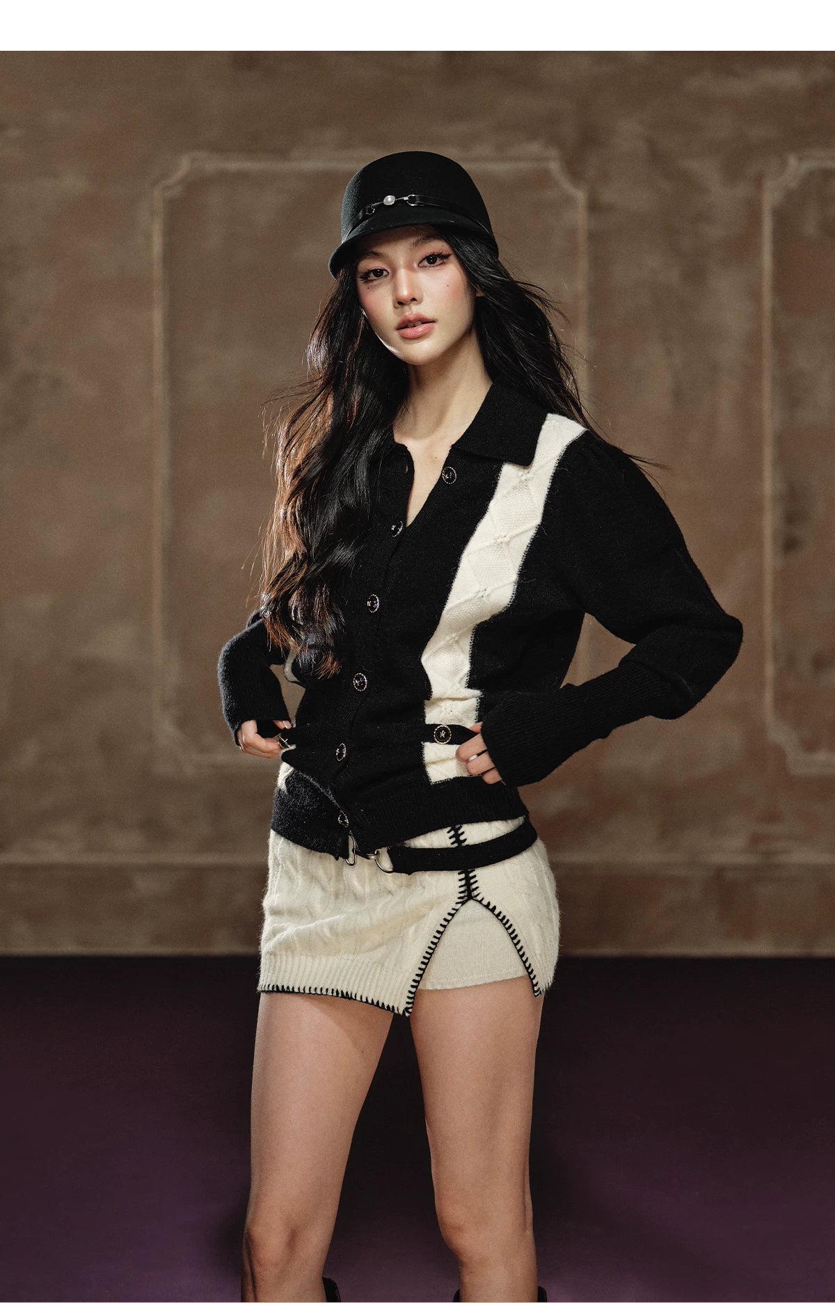 Contrast Knit Sweater & Belted Cable Knit Skort Set