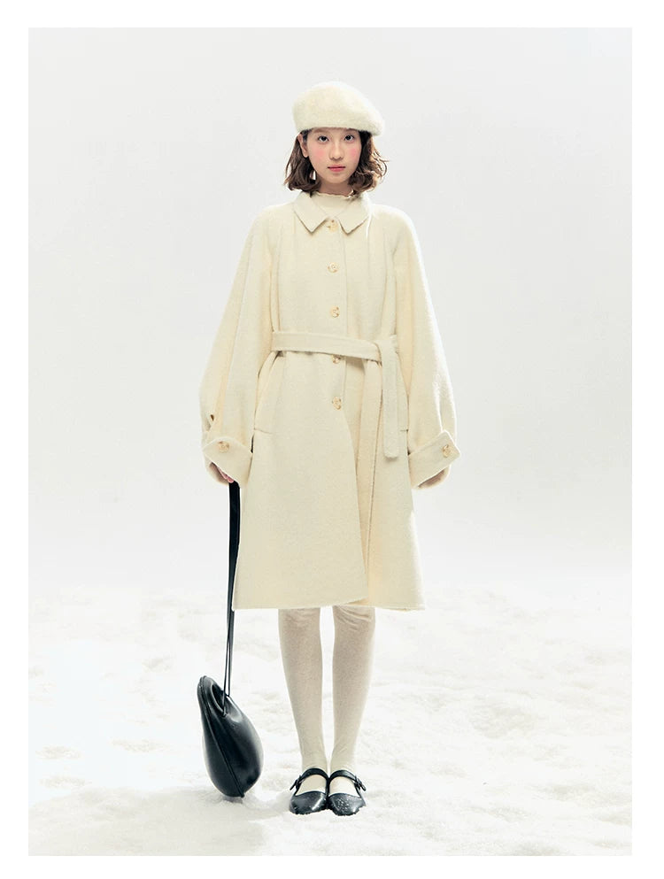 "Black & White Waltz" Hand-Stitched Wool-Blend Swing Coat (Ivory/ Black)