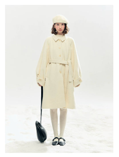 "Black & White Waltz" Hand-Stitched Wool-Blend Swing Coat (Ivory/ Black)
