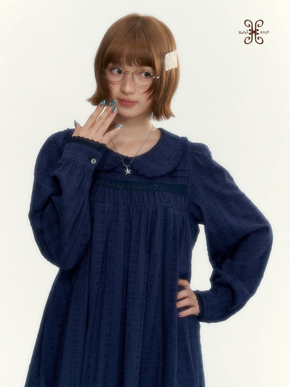 “Vintage Ribbon” Navy Peter Pan Collar Lace-Trimmed A-Line Dress