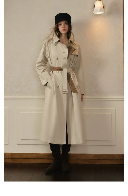 oshea - Moonlight Gray Double-Breasted Belted Long Trench Coat