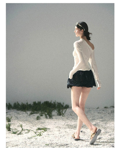 “Where Shadow Walks Beside Light” Milk Apricot Asymmetrical Top