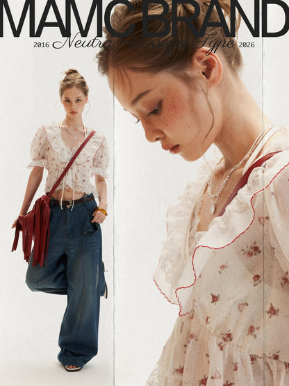 Polka Floral Ruffle Tie Puff Sleeve Top