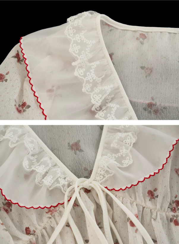 Polka Floral Ruffle Tie Puff Sleeve Top