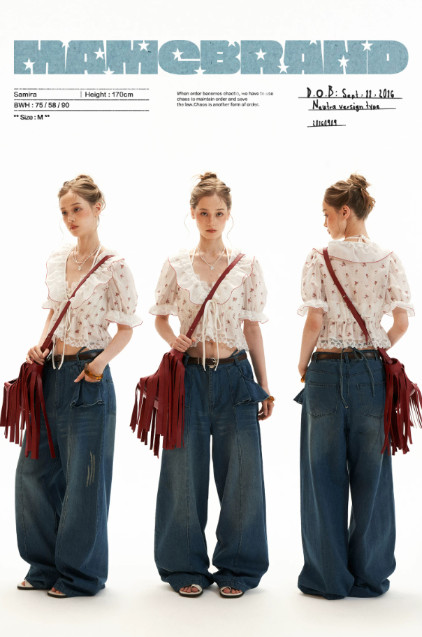 Polka Floral Ruffle Tie Puff Sleeve Top