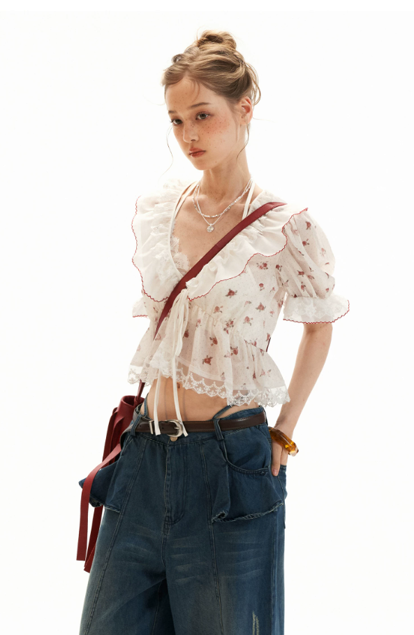 Polka Floral Ruffle Tie Puff Sleeve Top