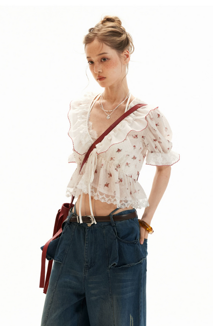Polka Floral Ruffle Tie Puff Sleeve Top