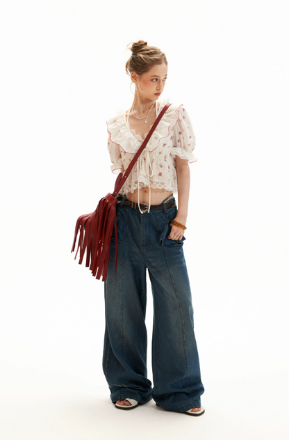 Polka Floral Ruffle Tie Puff Sleeve Top